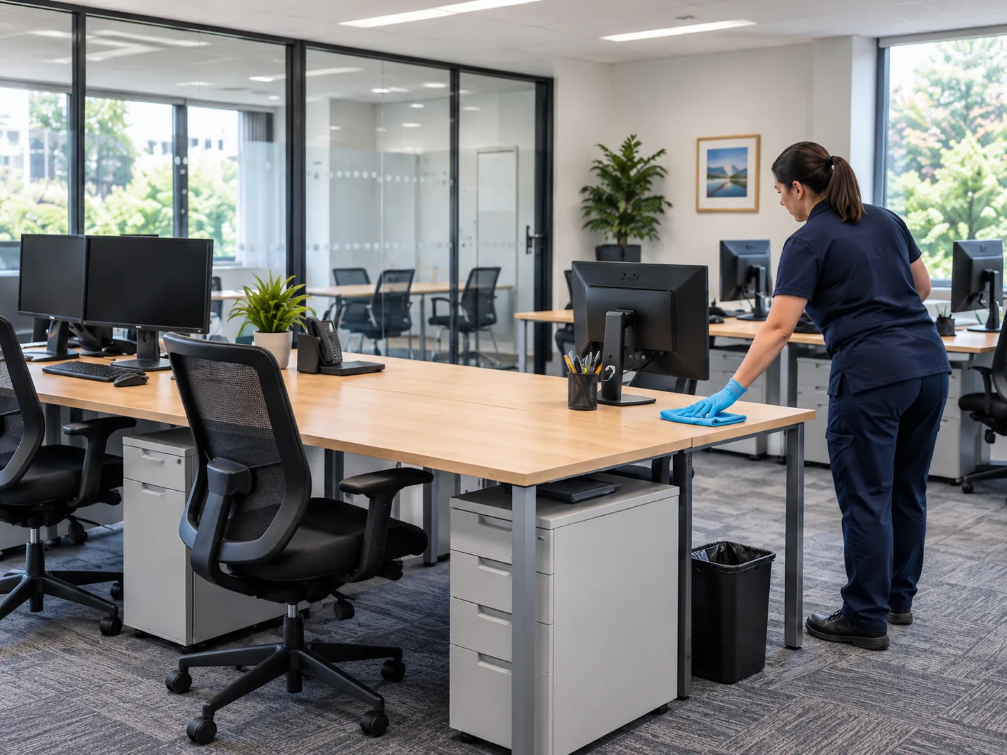 Cleaner wiping a desk in a bright, well-maintained office