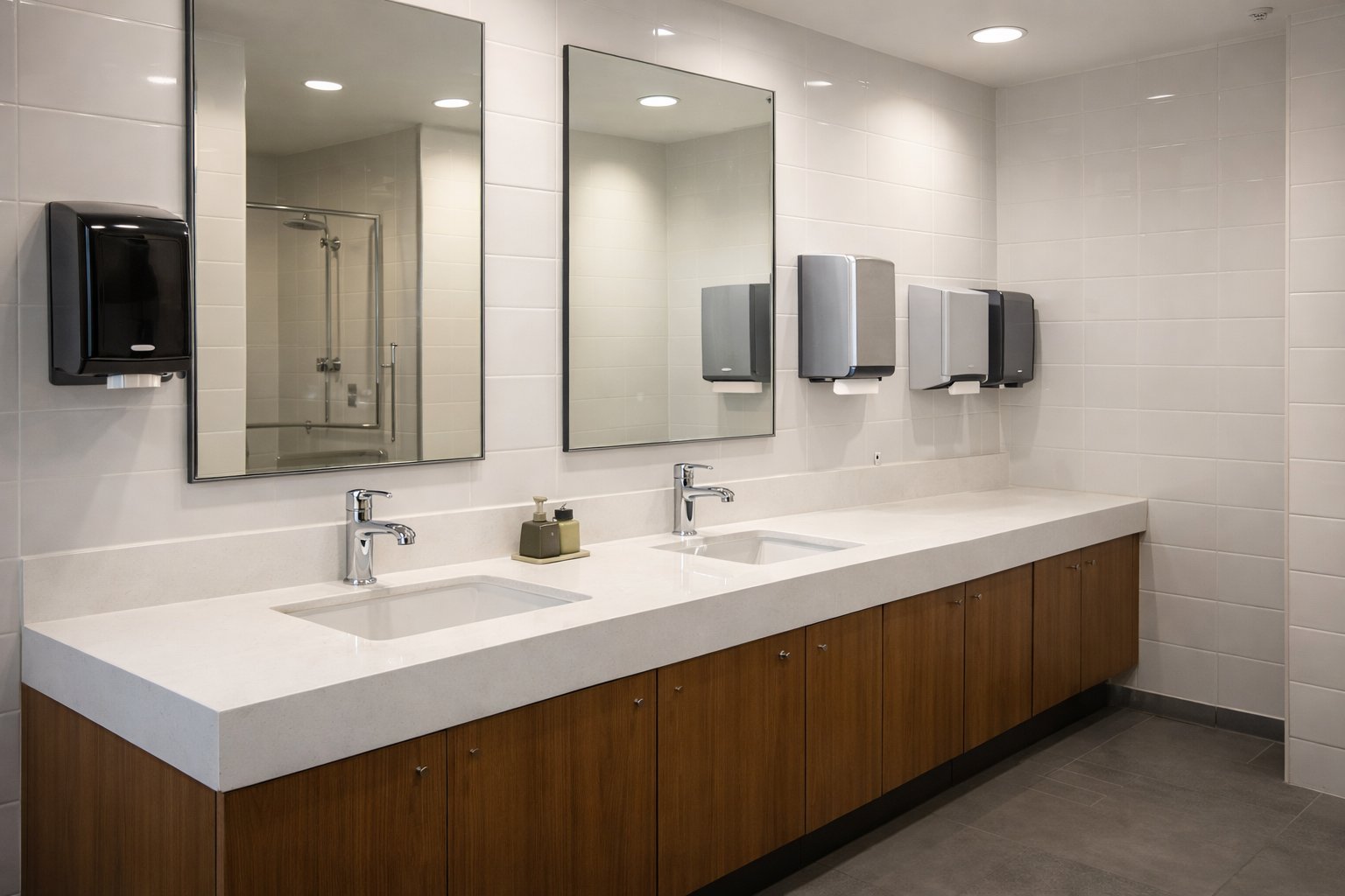 Well-maintained commercial washroom with stocked consumables and clean presentation